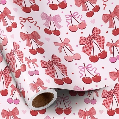 Cherry Bow Gift Wrapping Paper Roll Pink Red Mini Roll for Birthday & Valentine - Image 1 of 4