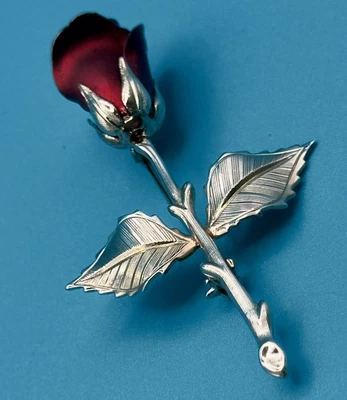 Broche prendedor vintage GIOVANNI tono plata esmalte texturizado rojo flor de rosa Foto 1 de 4