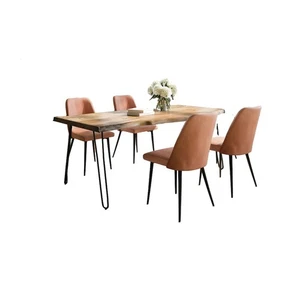 Five Piece Solid Acacia Dining Set with Upholstered Mid-Century Modern Chairs - Picture 1 of 10