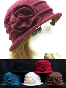 Women 1920s Look Wool Knit Beanie Bonnet Beret Warm Floral Cap Bucket Winter Hat - Picture 1 of 17