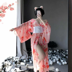 Sexy japanische Kimono Dessous Blumenmuster seidig Bademantel Nachtkleid Kostüm Cosplay - Bild 1 von 8