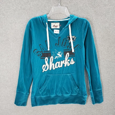 San Jose Sharks Women Hoodie Small Blue Logo Graphic Pullover V Neck Long Sleeve Cover