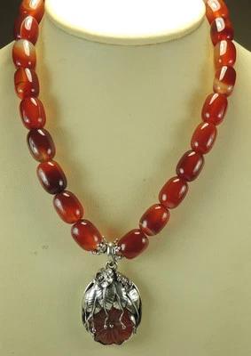 Statement Carnelian Necklace  Floral Pendant Sterling Silver Jewelry - Image 1 of 2