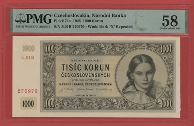 CZECHOSLOVAKIA  1000 KORUN  1945  PICK # 74a PMG 58 CHOICE ABOUT UNC. - Image 1 of 2