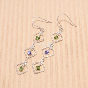 Amethyst Cut & Peridot Gemstone 925 Sterling Silver Earring Gift For Daughter - Picture 1 of 6