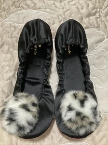 Kate Spade New York Womens Black Ballet House Slippers 7M With Faux Fur Pom Poms - Picture 1 of 3