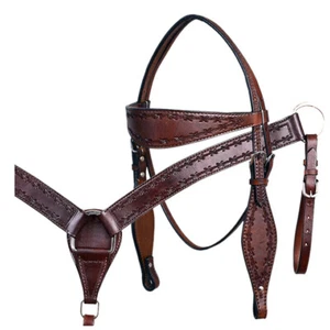 Leather headstalls & BreastCollar for horses western tack set hand tooled carved - Picture 1 of 10