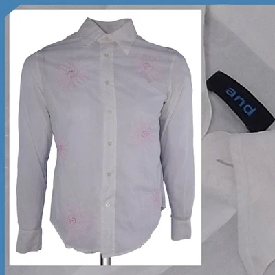 And Camicia Da Uomo Bianca Taglia S Manica Lunga In Cotone Ricamata Elegante Top - Immagine 1 di 4