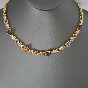Vtg Swarovski Gold Tone Unique Chain Multicolor Crystal Necklace Swan Signed 17" - Picture 1 of 10