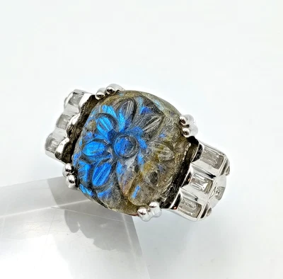 Designer SNS Sterling Silver 925 Carved Labradorite White Topaz Ring Sz 6 - Image 1 of 4