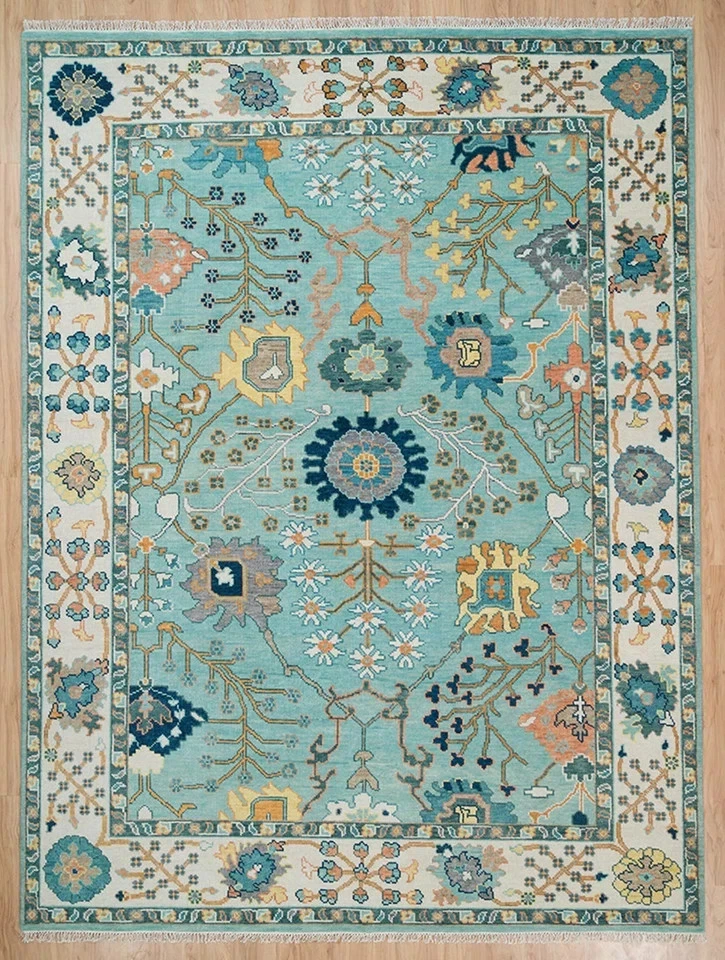 Aqua Blue Oushak Rug 8x10 Modern Area Rug Ivory Knotted 9x12 Colorful Woolen Rug - Image 1 of 4