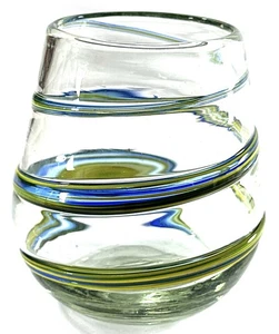 "Vaso de vidrio artístico soplado a mano azul verde amarillo cinta rayas vaso de 4""" - Imagen 1 de 5