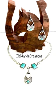 Gargantilla y pendientes Southwestern | diseño plumas | lágrima | turquesa sintético - Imagen 1 de 5