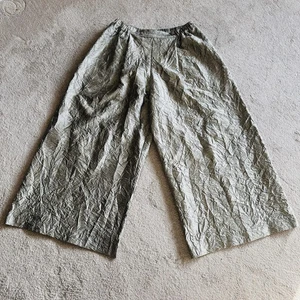 Terry Macy Trousers Size M Beige 100% Silk Wide Leg Culottes Crinkled Pockets - Picture 1 of 11