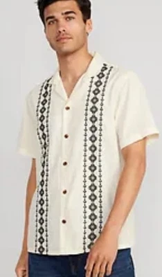 NWT Old Navy Men XXL Embroidered Camp Shirt Cotton Linen Button Up Ivory Black - Image 1 of 4