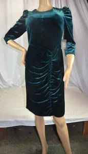 Emerald Green Sz 10 Vince Camuto Velvet Ruched Shirred 3/4 Sleeve Bodycon Dress - Picture 1 of 9