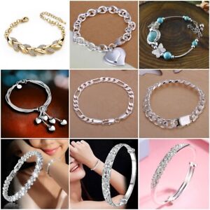 Fashion 925 Silver Curb Chain Bracelet Bangle Charm Women Men Party Jewelry Gift
