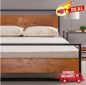 Industrial Metal and Wood Platform Bed with Headboard, No Box Spring Needed - Picture 1 of 9
