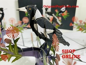 ORIGAMI POP CARDS Aussie Magpie Bird Native Gum Pop Up Greeting Card Christmas - Picture 1 of 12