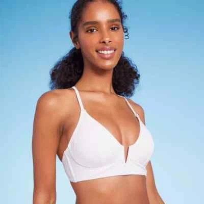 Shade & Shore 女式罗纹长款 V 线比基尼上衣白色 34C 码 — 第 1/4 张图片