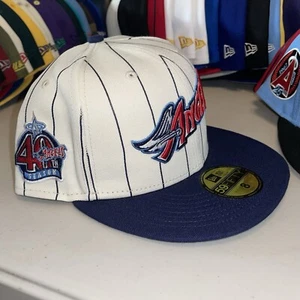 Size 8 - Anaheim Angels Off White Pinstripe New Era 59Fifty Fitted Hat Green UV - Picture 1 of 11