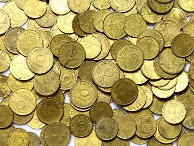 Nazi German Third Reich - 50 Coins 5 + 10 Reichspfennig 1937-1939 Brass WW2 LOT - Image 1 of 2