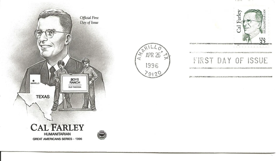 US Scott #2934, First Day Cover 4/26/96 Amarillo Single Cal Farley - Image 1 of 1