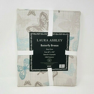 NEW Laura Ashley Butterfly Breeze Print 60"x102" Beige/Blue Easy Care Tablecloth - Image 1 of 4