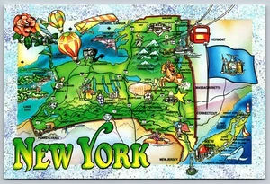 NEW YORK State map NY UNUSED UNPOSTED CHROME VINTAGE race horse WTC Postcard A86 - Picture 1 of 2