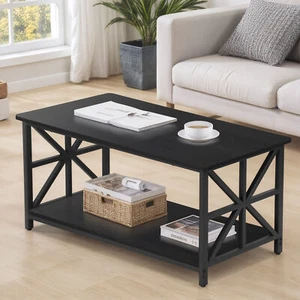 39" Black Rectangular Coffee Table with Open Shelf Center Table for Living Room - Picture 1 of 21