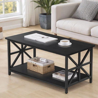 Mesa de centro estilo granja rectangular ahorro de espacio con estante de almacenamiento negra 39" Foto 1 de 4