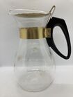 Vintage Pyrex Glass Carafe With Gold Band & Lid - Black Handle 9” High