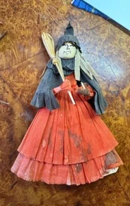 Witch Halloween Broom Ornament 8.5" Antique RARE Japan c1950 Crepe Paper Mache - Picture 1 of 17