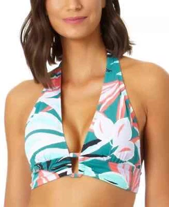 ANNE COLE Bikini Swim Top Halter Zesty Tropical Print Size XS $58 Aqua Green - Picture 1 of 3