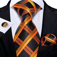 DiBanGu Mens Classic Checks Silk Tie Black Orange Necktie Hanky Cufflinks Set