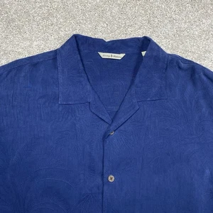 Tommy Bahama Shirt 100% Silk Mens L Embroidered Hawaiian Camp Navy Blue Floral - Picture 1 of 7
