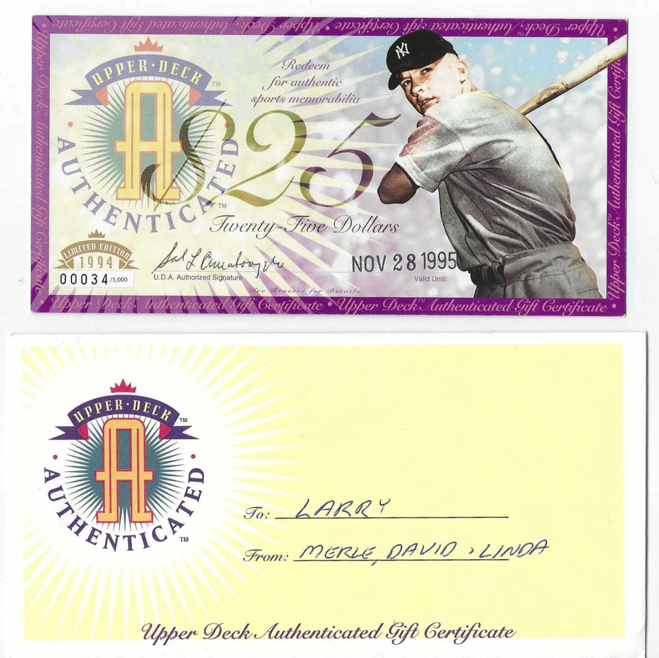 Certificado de regalo de $25 Upper Deck 1994 edición limitada con sobre original-Mickey Mantle Foto 1 de 4