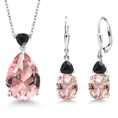 925 Sterling Silver Peach Nano Morganite and Onyx Pendant Earrings Jewelry Set - Image 1 of 3