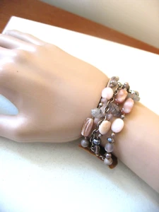 Chan Luu Bracelet 5 Row Cuff Pink Opal Mix Mother o Pearl Silver on Leather New - Picture 1 of 10