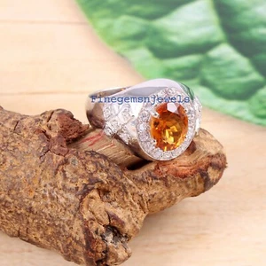 Natural Citrine & C Z Gemstones with 925 Sterling Silver Ring For Men's #F697 - Picture 1 of 3