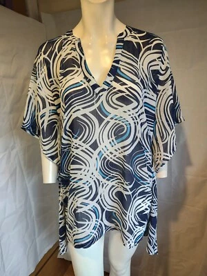 GORGEOUS by DEBENHAMS blue print semi sheer beach / summer coverall top 10 12 - Image 1 of 4