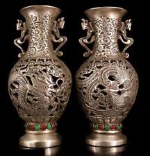 Rare Tibet Tibetan Silver Exquisite Gem inlay Dragon Phoenix a pair vase