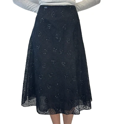 Falda Forrada de Seda CHANEL FR 36 Negra EE. UU. 4 Lentejuelas Línea A Bordada Encaje Cremallera Foto 1 de 4