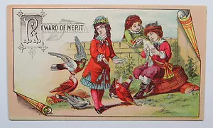 Tarjeta victoriana de recompensa al mérito recuerdo escolar para niñas alimentando pájaros - Imagen 1 de 2