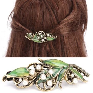 Green Leaves Barrettes - Acrylic Pearl Hairpins Ancient Bronze Women Hair Clips - Picture 1 of 12