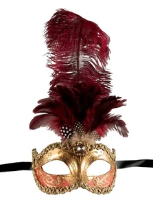 Maske Colombine Venetian Rechts Federn Strauß Rot Bordeaux #528 - Picture 1 of 7