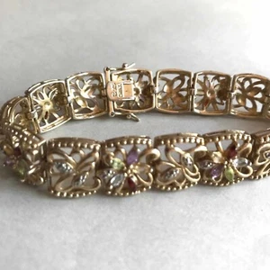 *Vintage Multi Stone Sterling Silver Gold Wash Flowers Bracelet - Picture 1 of 4