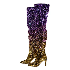 Women Shiny Sequins Stiletto Thigh High Boots Pointy Toe Zip Sexy Club Shoes US8 - Picture 1 of 6