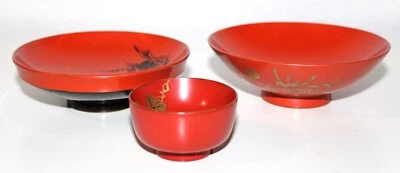 Japanese Sake Cups Wood Lacquer Red w Gold Vintage LOT 3 - Image 1 of 4