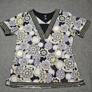 Med Couture Scrub Top Women Medium Gray Black Yellow Floral V-Neck Pockets - Picture 1 of 5